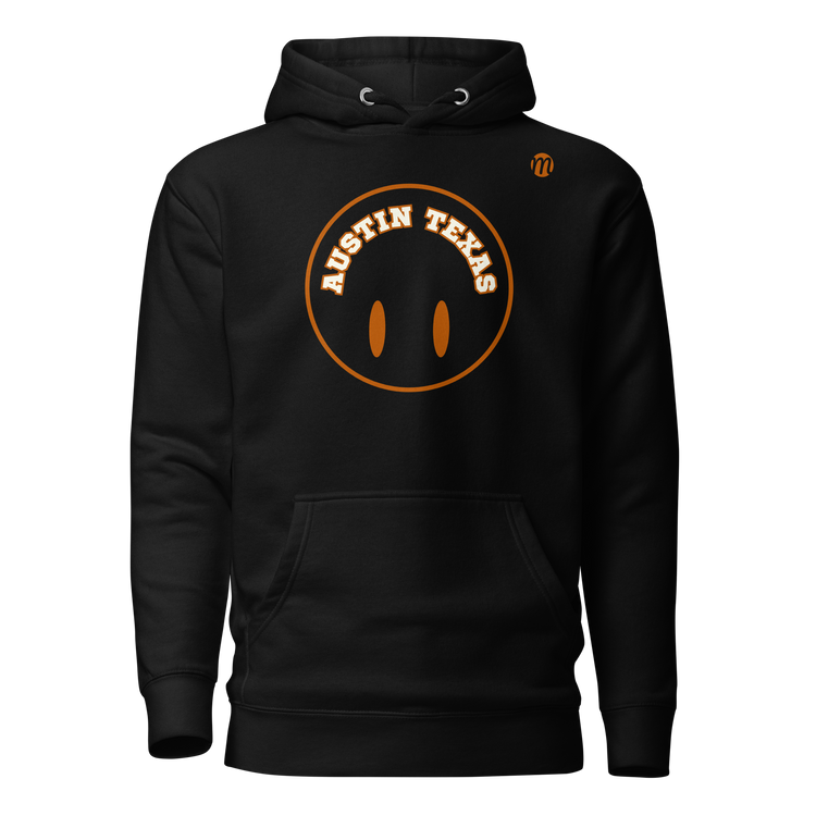 Austin Texas Smiley Face Flipped Mulli USA Hoodie Black Front