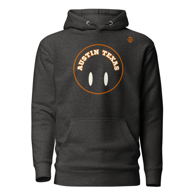 Austin Texas Smiley Face Flipped Mulli USA Hoodie Charcoal Heather Front