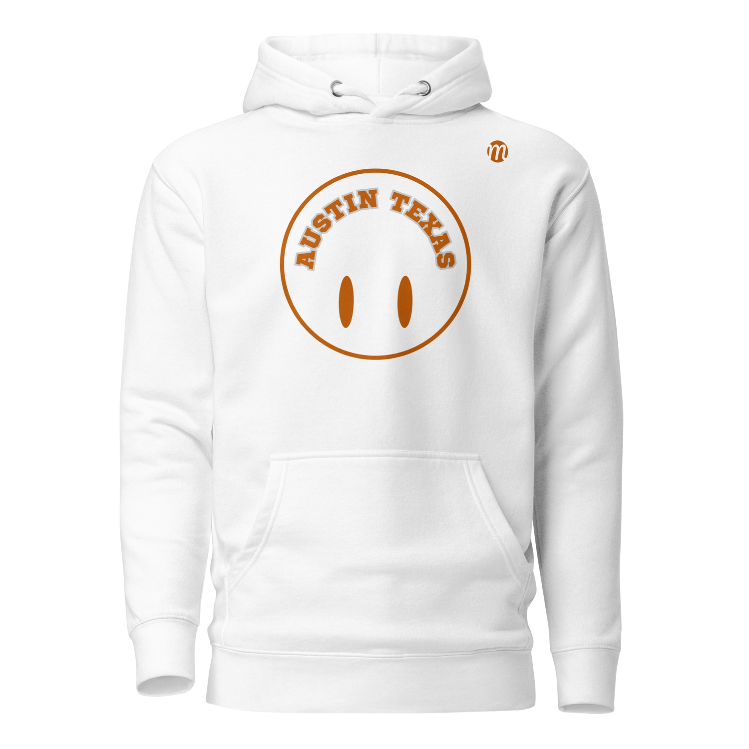 Austin Texas Smiley Face Flipped Mulli USA Hoodie White Front