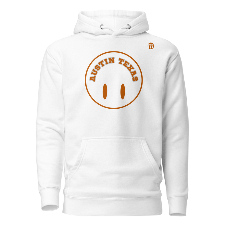 Austin Texas Smiley Face Flipped Mulli USA Hoodie White Front