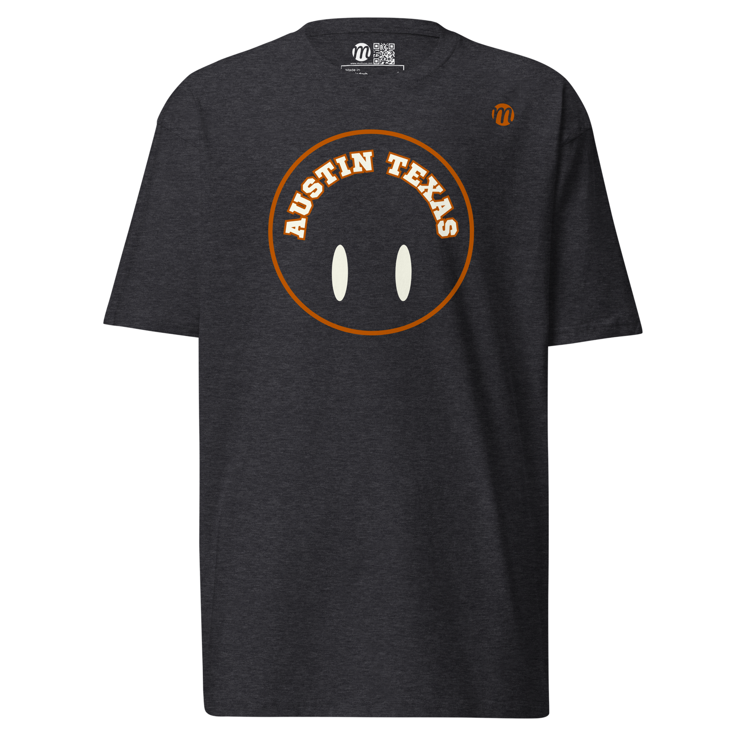 Austin Texas Smiley Face Flipped Mulli USA T-shirt Charcoal Heather Front