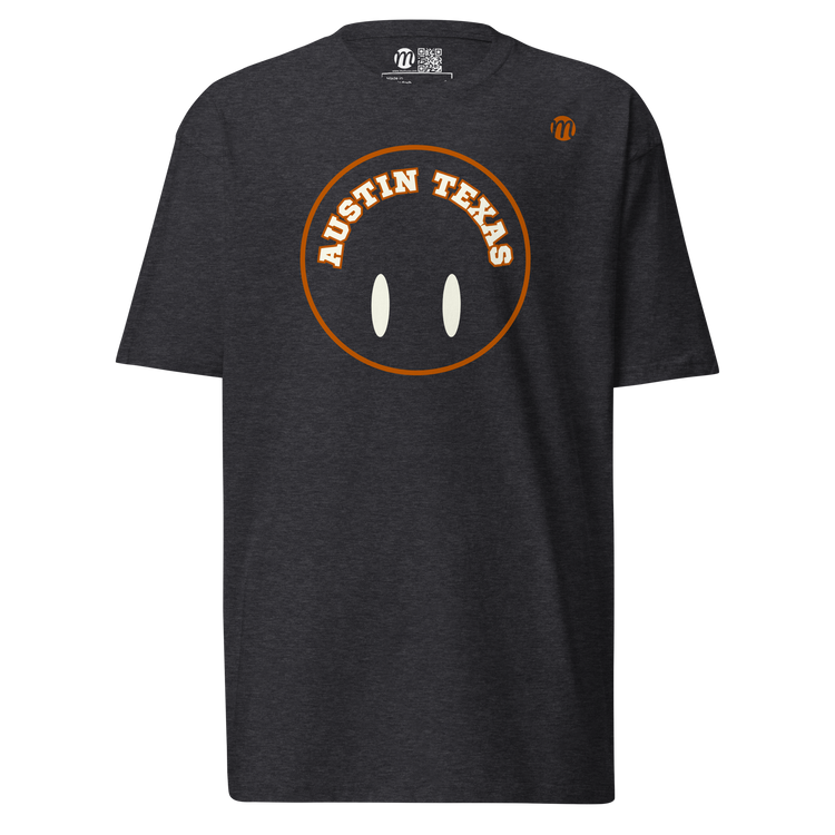 Austin Texas Smiley Face Flipped Mulli USA T-shirt Charcoal Heather Front