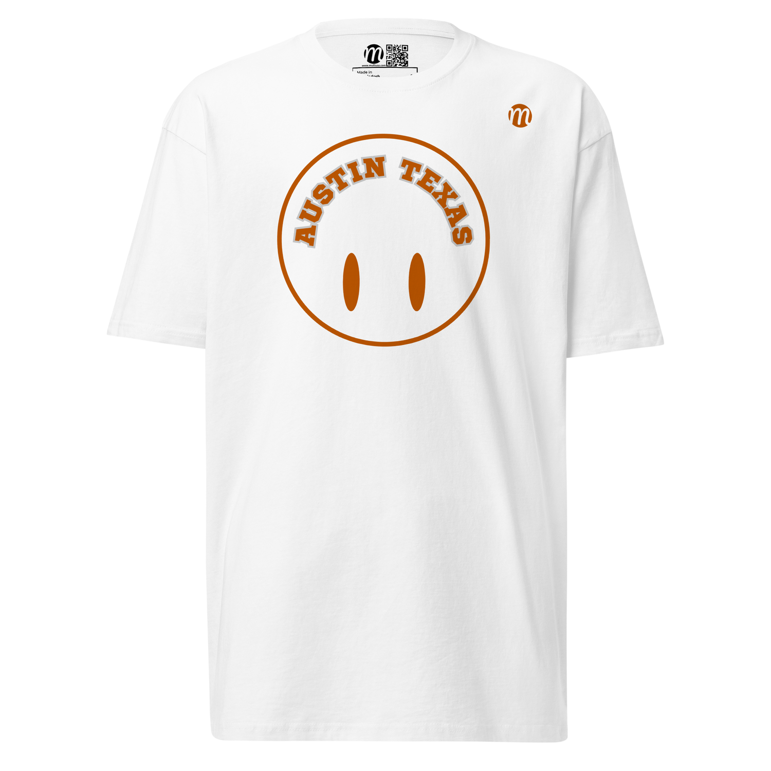 Austin Texas Smiley Face Flipped Mulli USA T-shirt White Front