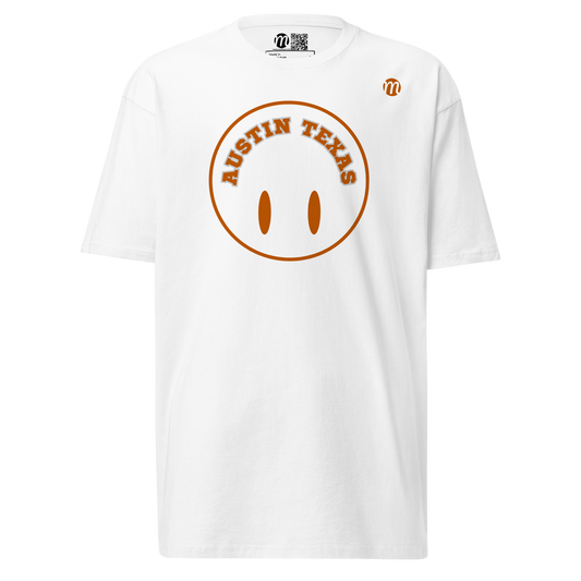 Austin Texas Smiley Face Flipped Mulli USA T-shirt White Front