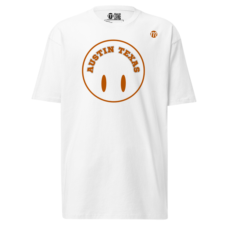 Austin Texas Smiley Face Flipped Mulli USA T-shirt White Front