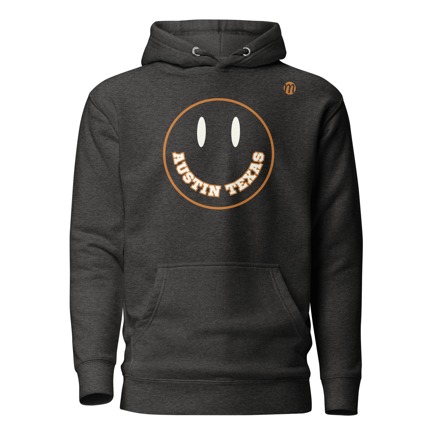 Austin Texas Smiley Face Mulli USA Hoodie Charcoal Heather Front