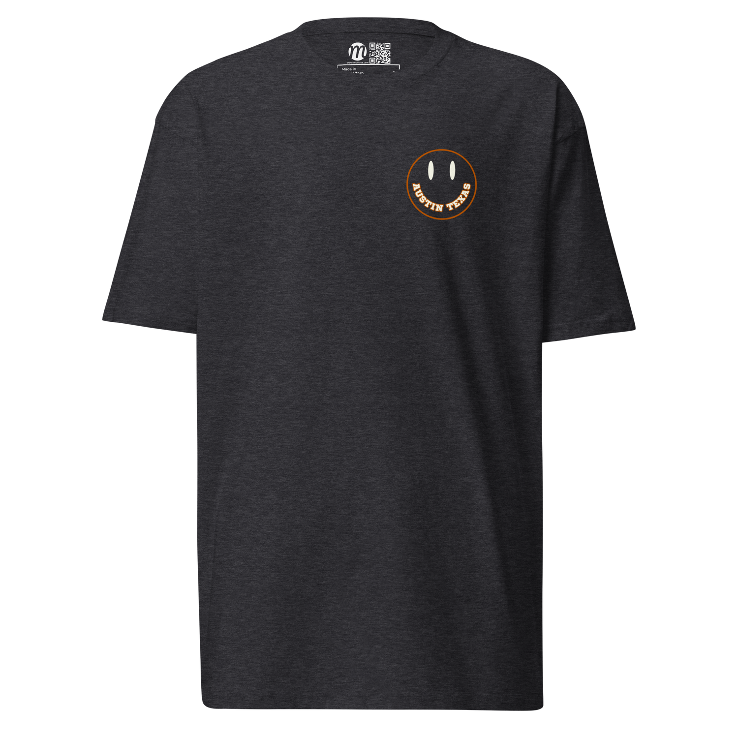 Austin Texas Smiley Face Mulli USA Tee Charcoal Heather Front