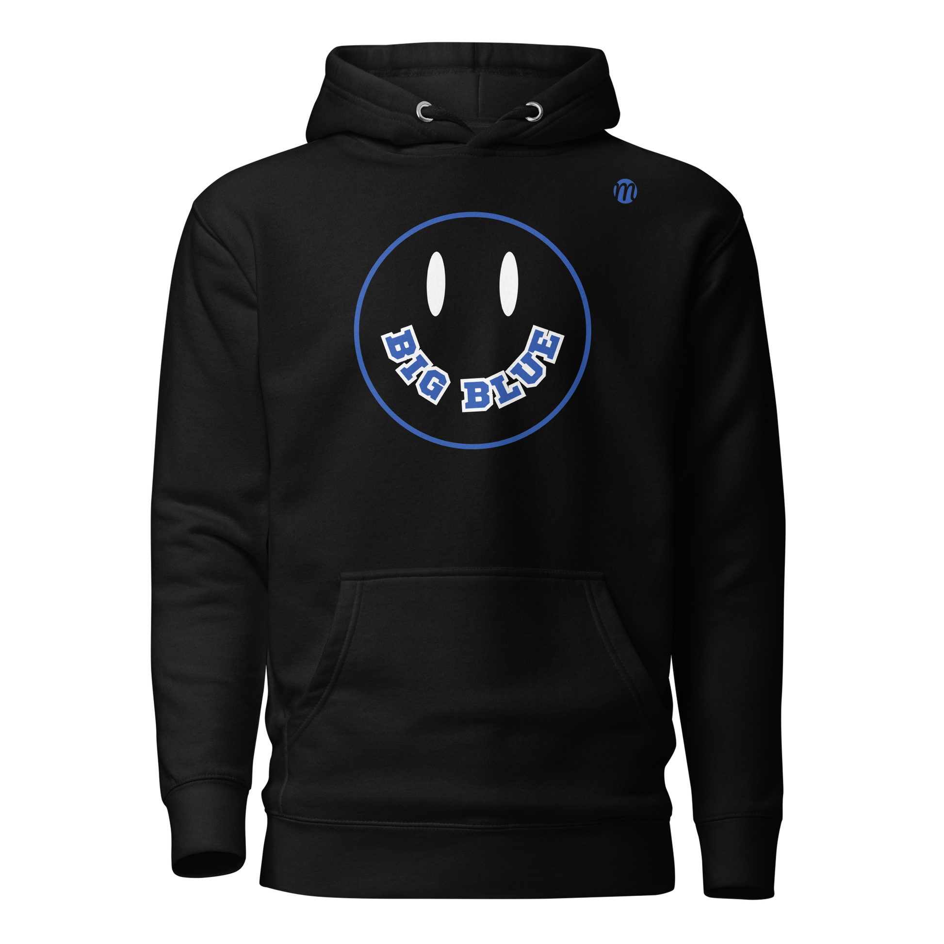 Big Blue Smiley Face Flipped Mulli USA Hoodie Black Front