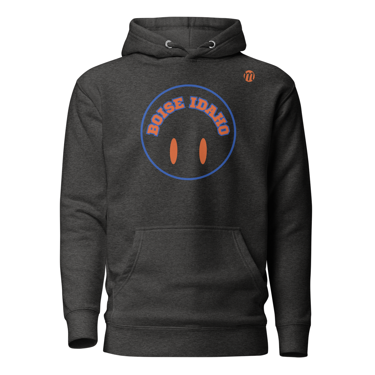 Boise Idaho Smiley Face Flipped Mulli USA Hoodie Charcoal Heather Front