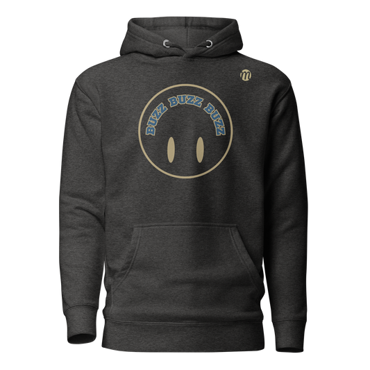 Buzz Buzz Buzz Smiley Face Flipped Mulli USA Hoodie Charcoal Heather Front