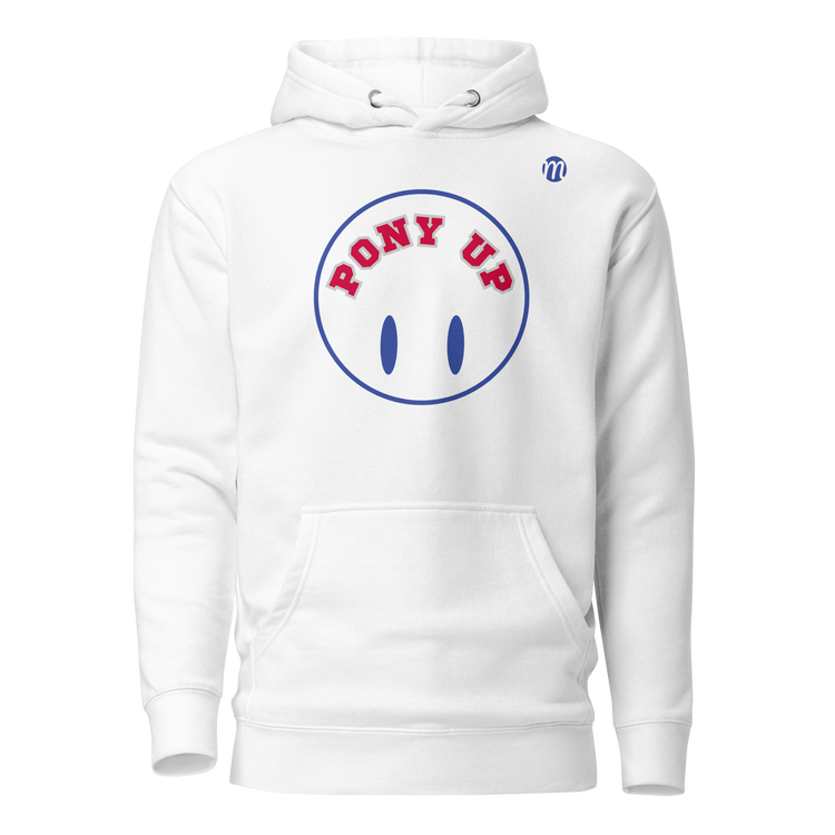 Pony Up Smiley Face Flipped Mulli USA Hoodie White Front