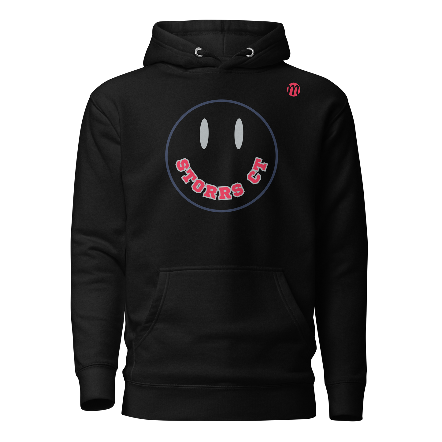 Storrs CT Smiley Face Mulli USA Hoodie Black Front