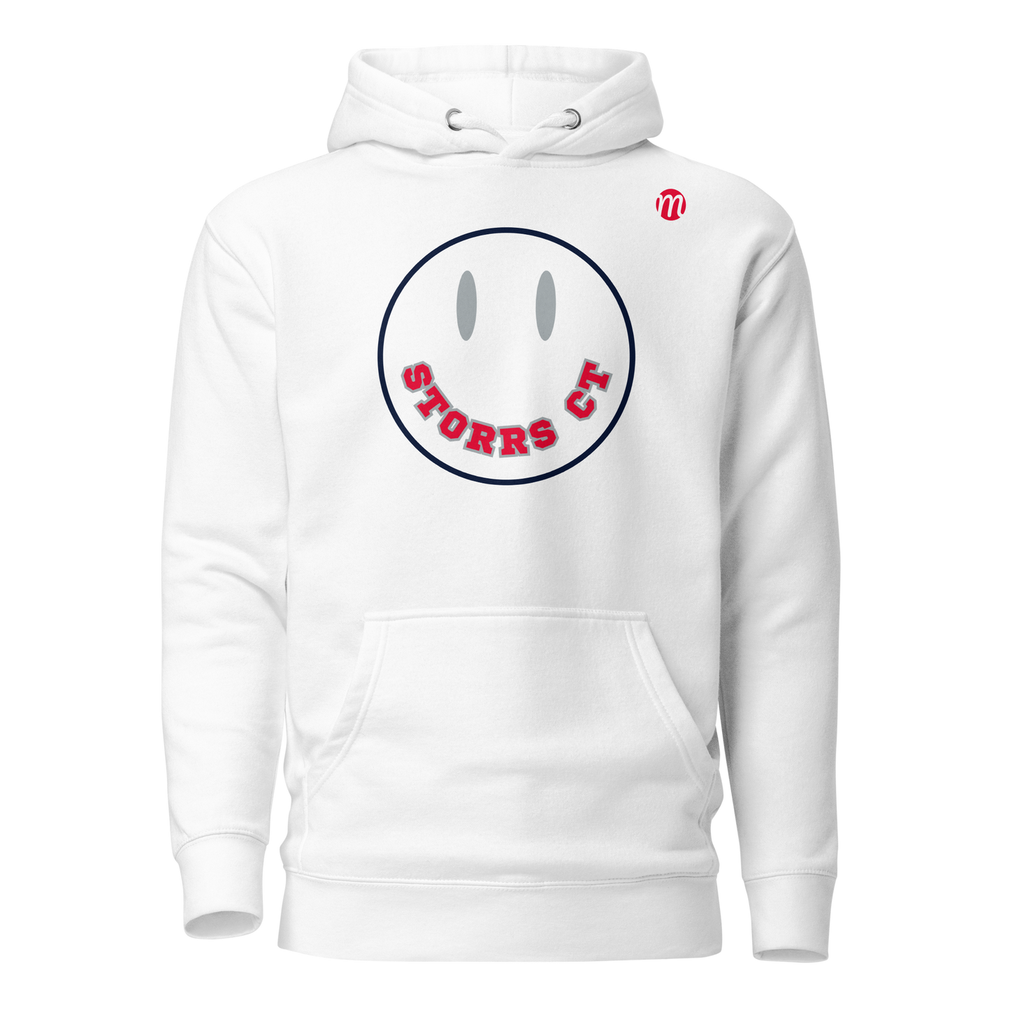 Storrs CT Smiley Face Mulli USA Hoodie White Front