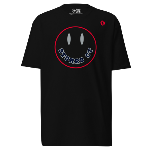 Storrs CT Smiley Face Mulli USA Tee Black Front 