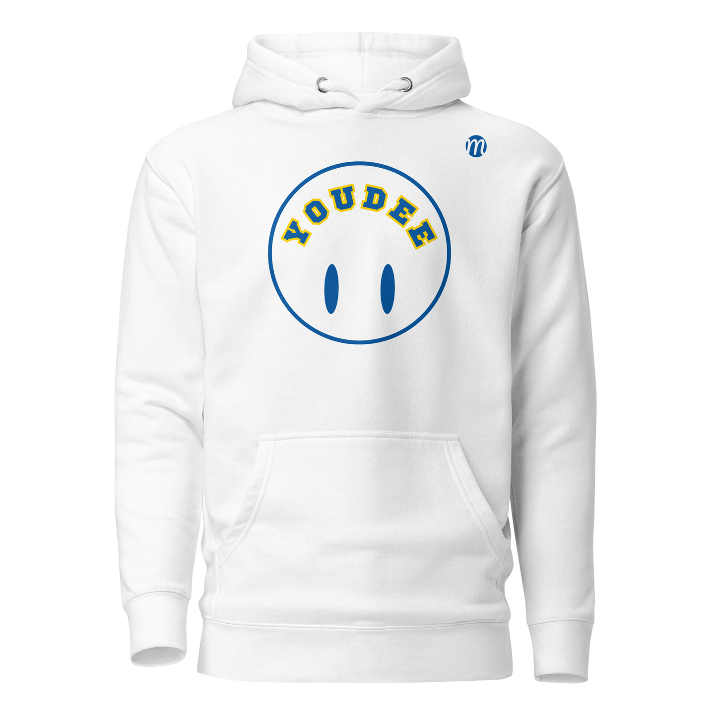 YouDee Smiley Face Flipped Mulli USA Hoodie White Front